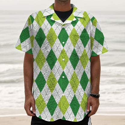 White And Green Argyle Pattern Print Textured Short Sleeve Shirt