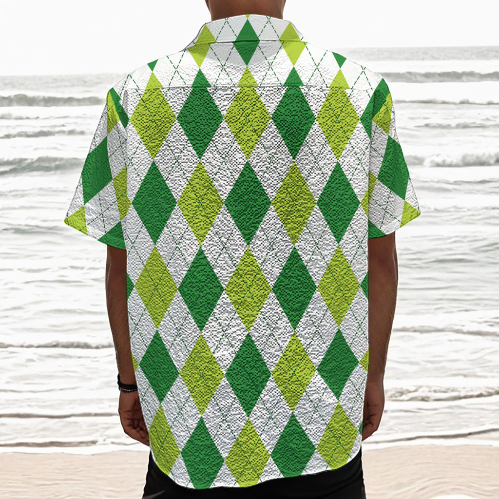 White And Green Argyle Pattern Print Textured Short Sleeve Shirt