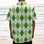 White And Green Argyle Pattern Print Textured Short Sleeve Shirt