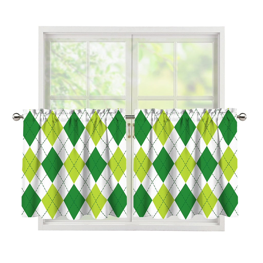 White And Green Argyle Pattern Print Tier Curtains