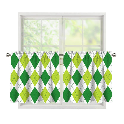 White And Green Argyle Pattern Print Tier Curtains