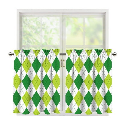 White And Green Argyle Pattern Print Tier Curtains