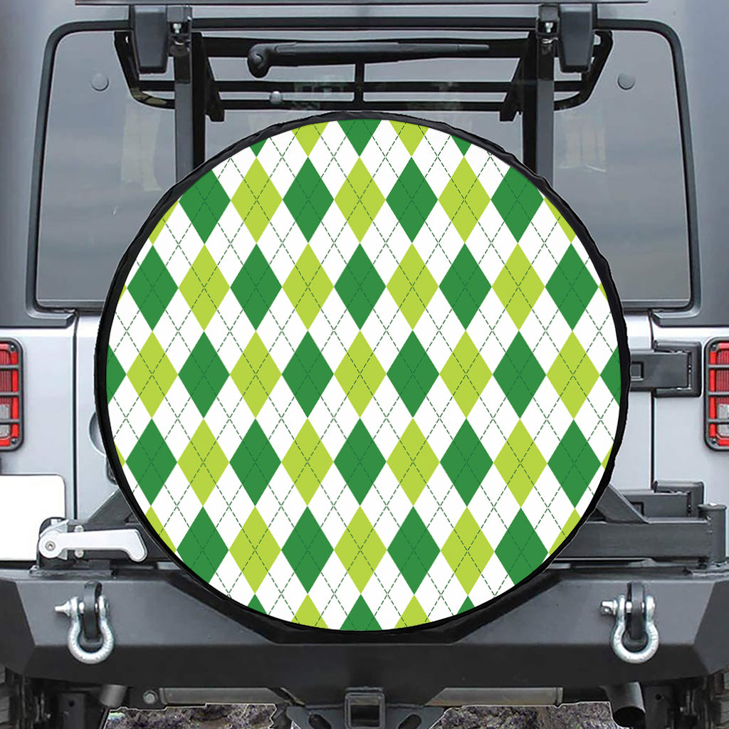 White And Green Argyle Pattern Print Tire Cover
