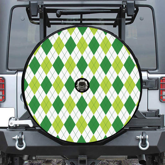 White And Green Argyle Pattern Print Tire Cover With Camera Hole