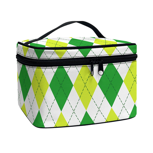 White And Green Argyle Pattern Print Travel Makeup Bag