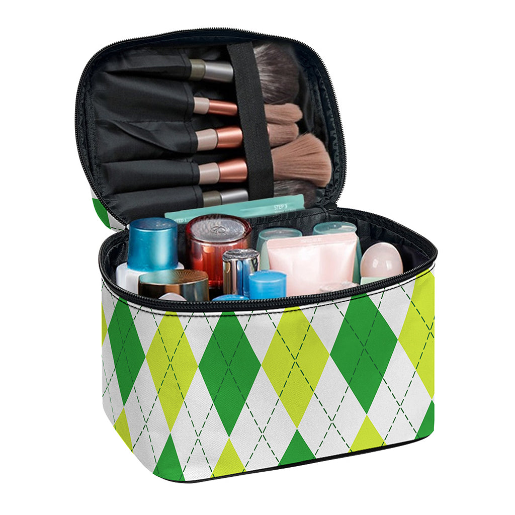 White And Green Argyle Pattern Print Travel Makeup Bag