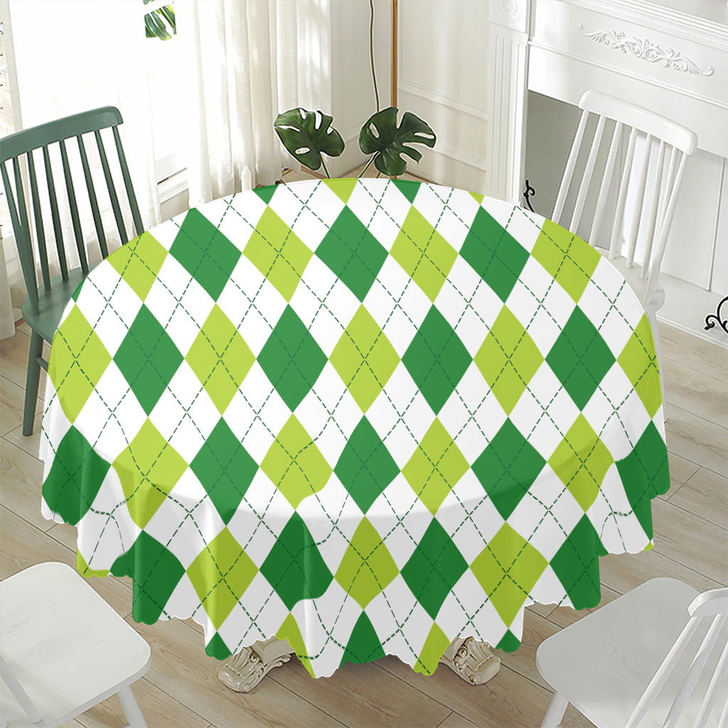 White And Green Argyle Pattern Print Waterproof Round Tablecloth
