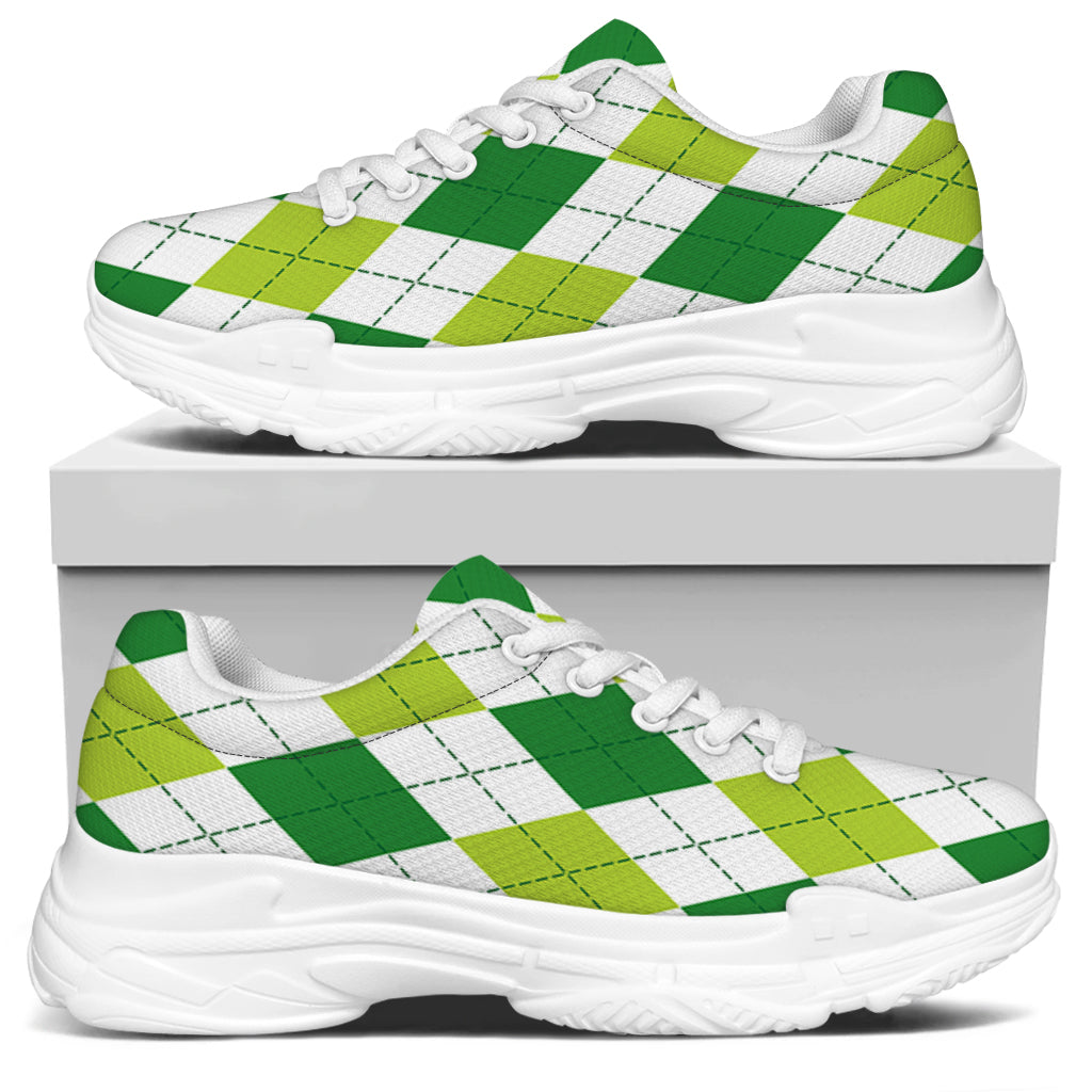 White And Green Argyle Pattern Print White Chunky Shoes