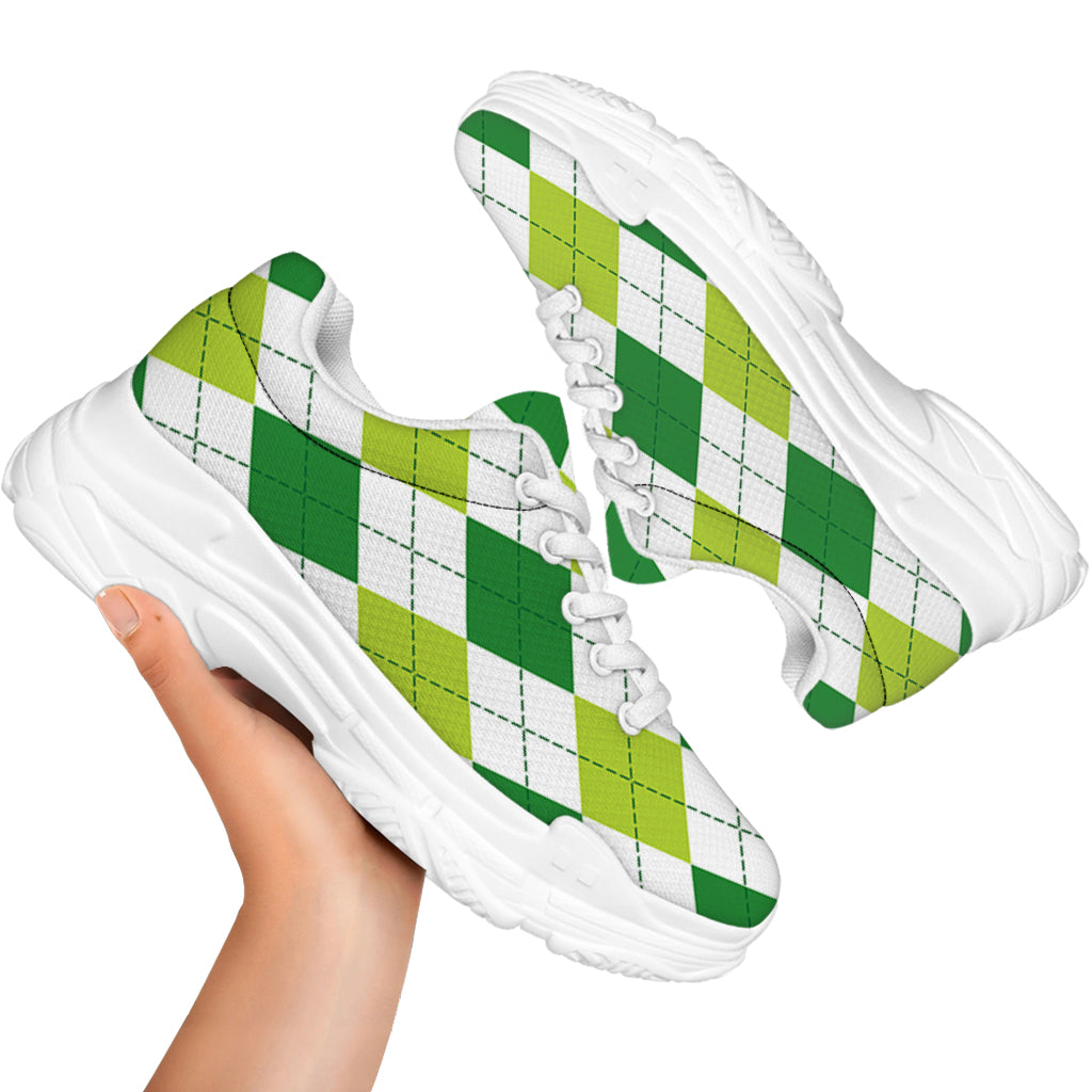 White And Green Argyle Pattern Print White Chunky Shoes