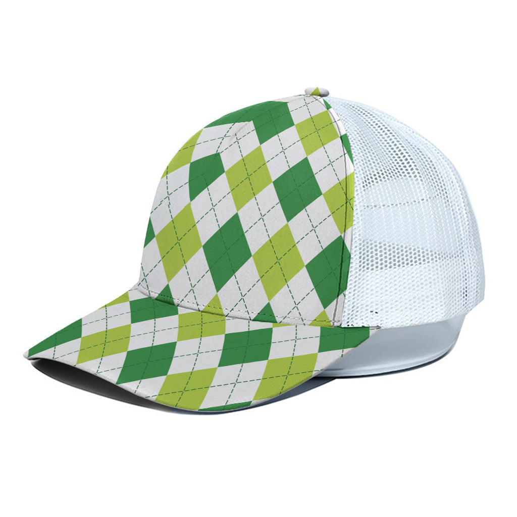 White And Green Argyle Pattern Print White Mesh Trucker Cap