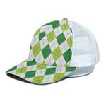 White And Green Argyle Pattern Print White Mesh Trucker Cap