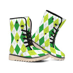White And Green Argyle Pattern Print Winter Boots