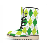 White And Green Argyle Pattern Print Winter Boots