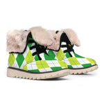 White And Green Argyle Pattern Print Winter Boots