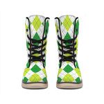 White And Green Argyle Pattern Print Winter Boots
