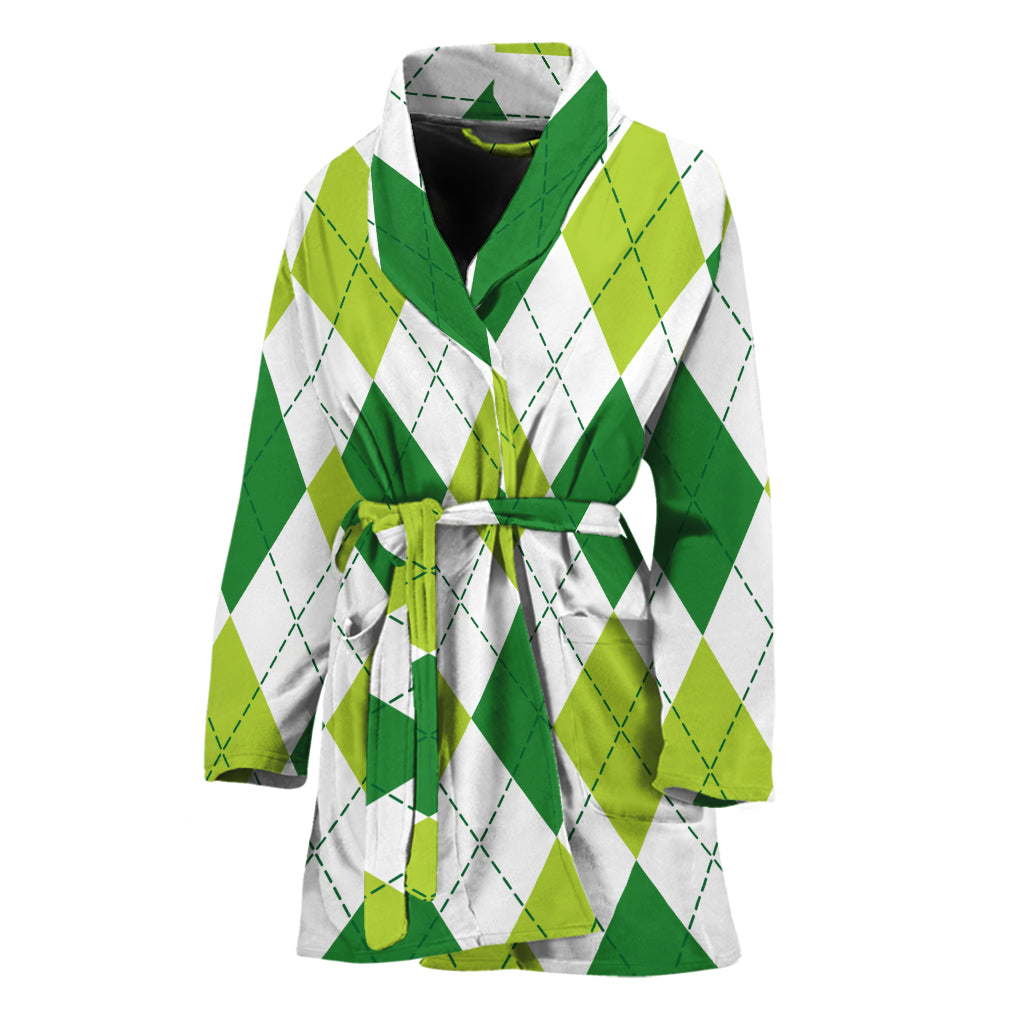 White And Green Argyle Pattern Print Women's Bathrobe