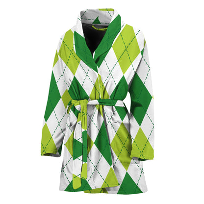 White And Green Argyle Pattern Print Women's Bathrobe