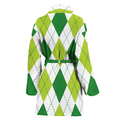 White And Green Argyle Pattern Print Women's Bathrobe