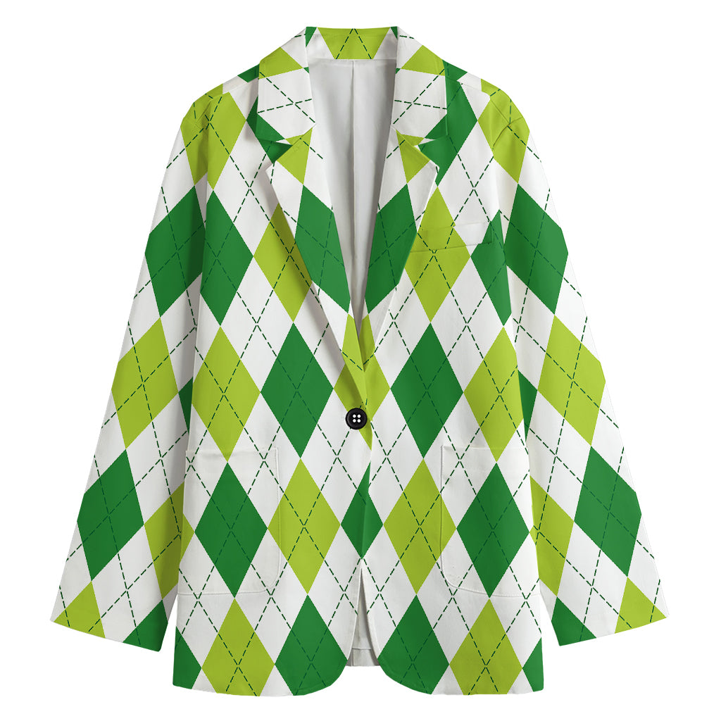 White And Green Argyle Pattern Print Women's Blazer