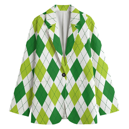White And Green Argyle Pattern Print Women's Blazer