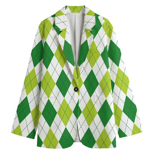 White And Green Argyle Pattern Print Women's Blazer
