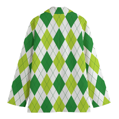 White And Green Argyle Pattern Print Women's Blazer