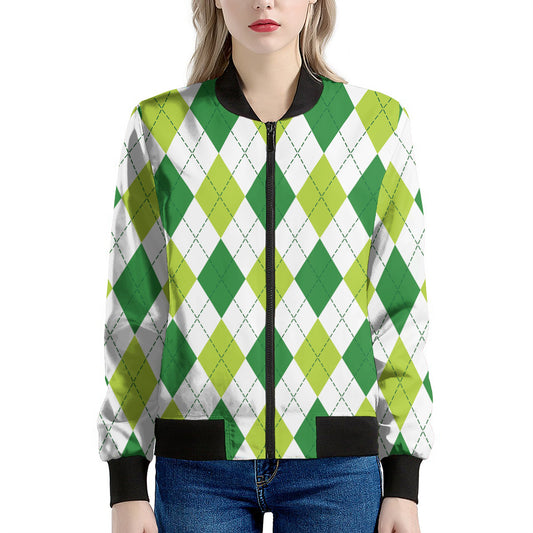 White And Green Argyle Pattern Print Women's Bomber Jacket