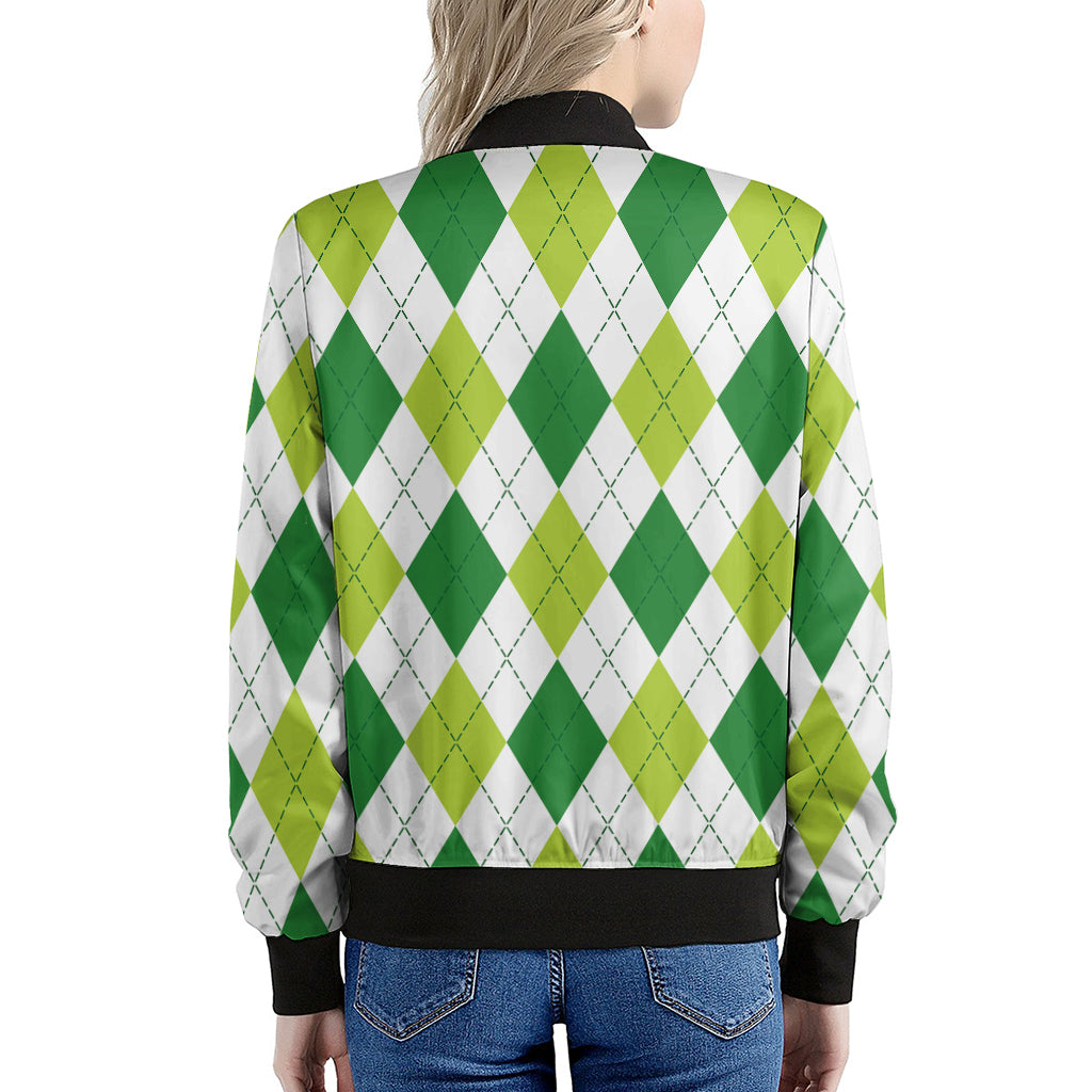 White And Green Argyle Pattern Print Women's Bomber Jacket