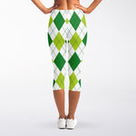 White And Green Argyle Pattern Print Women's Capri Leggings