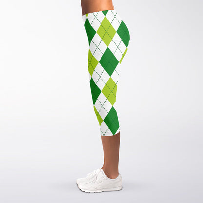 White And Green Argyle Pattern Print Women's Capri Leggings