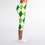 White And Green Argyle Pattern Print Women's Capri Leggings