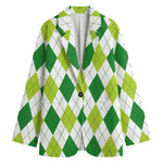 White And Green Argyle Pattern Print Women's Cotton Blazer