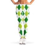 White And Green Argyle Pattern Print Women's Leggings