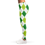 White And Green Argyle Pattern Print Women's Leggings