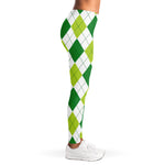 White And Green Argyle Pattern Print Women's Leggings