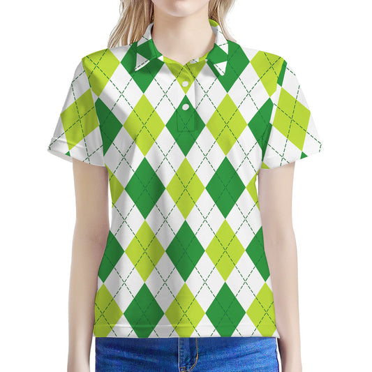 White And Green Argyle Pattern Print Women's Polo Shirt