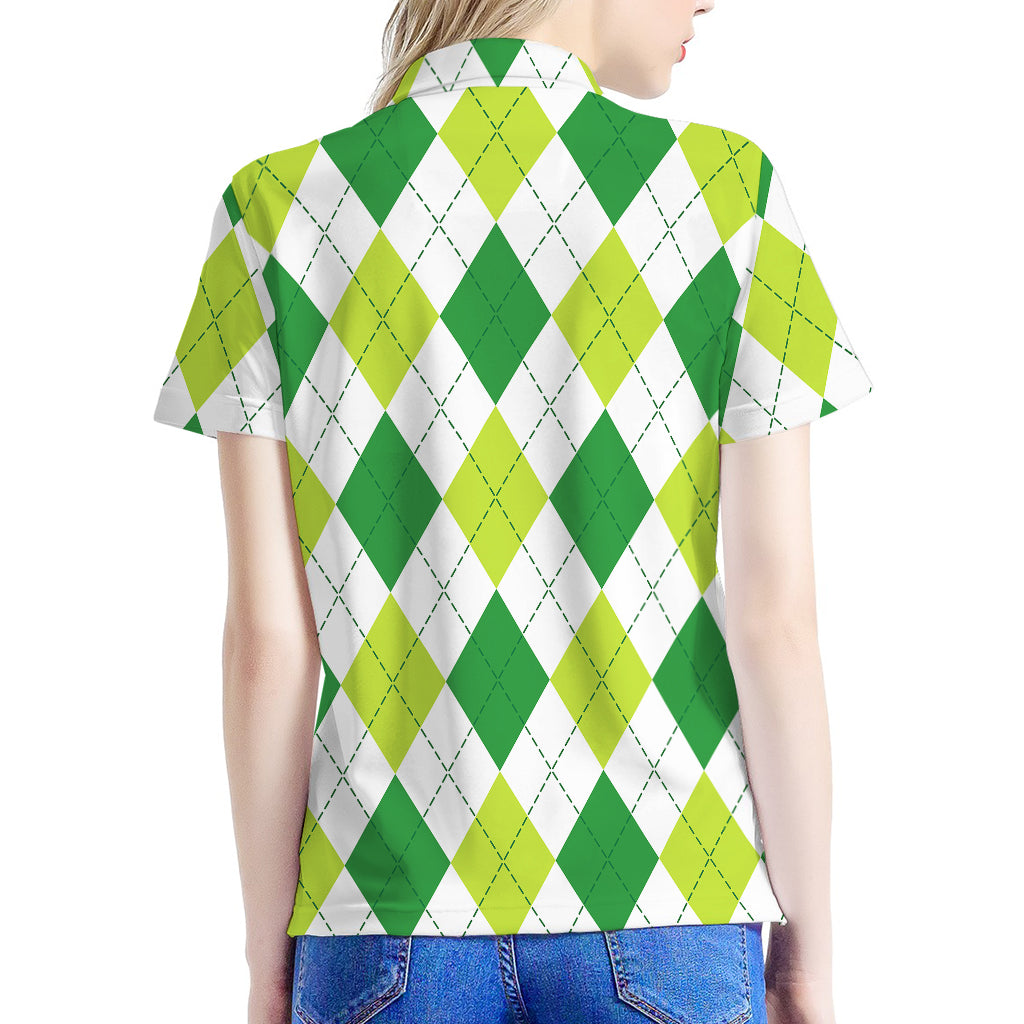White And Green Argyle Pattern Print Women's Polo Shirt