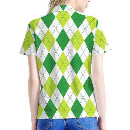 White And Green Argyle Pattern Print Women's Polo Shirt