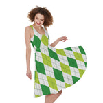 White And Green Argyle Pattern Print Women's Sleeveless Dress