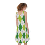 White And Green Argyle Pattern Print Women's Sleeveless Dress