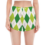 White And Green Argyle Pattern Print Women's Split Running Shorts