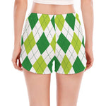 White And Green Argyle Pattern Print Women's Split Running Shorts