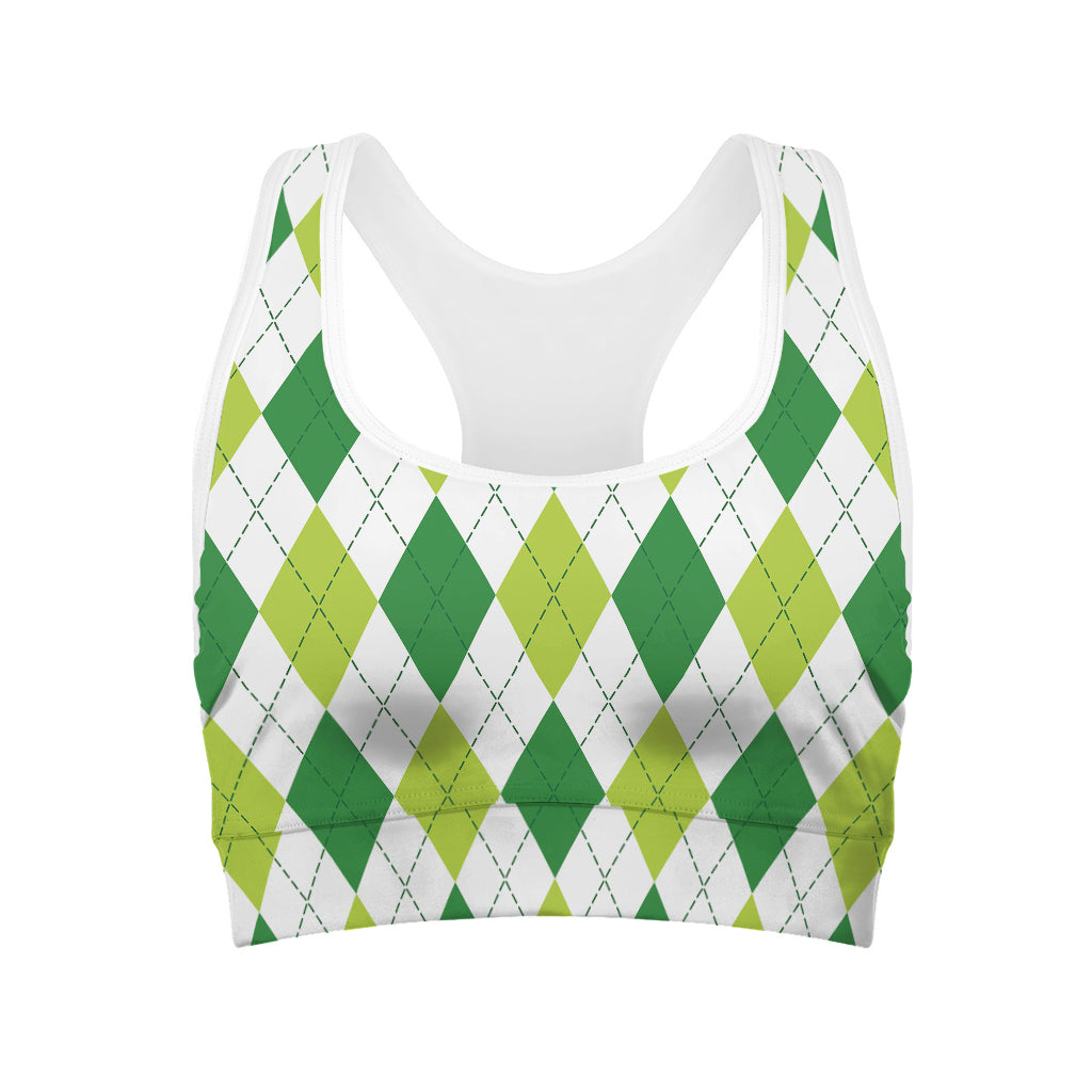 White And Green Argyle Pattern Print Women's Sports Bra