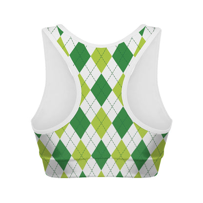 White And Green Argyle Pattern Print Women's Sports Bra