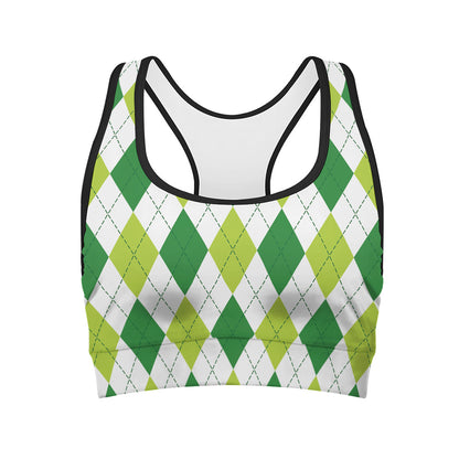 White And Green Argyle Pattern Print Women's Sports Bra