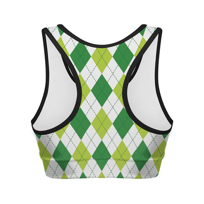 White And Green Argyle Pattern Print Women's Sports Bra