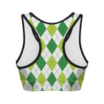 White And Green Argyle Pattern Print Women's Sports Bra