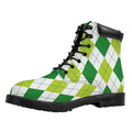 White And Green Argyle Pattern Print Padded Collar Lace Up Boots
