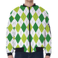 White And Green Argyle Pattern Print Zip Sleeve Bomber Jacket
