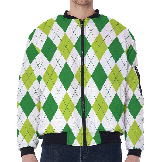 White And Green Argyle Pattern Print Zip Sleeve Bomber Jacket
